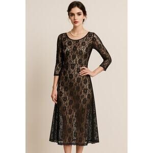 Vtg 90s Petite Jazz Floral Lace Whimsigoth Gothic Romantic Midi Dress, Medium